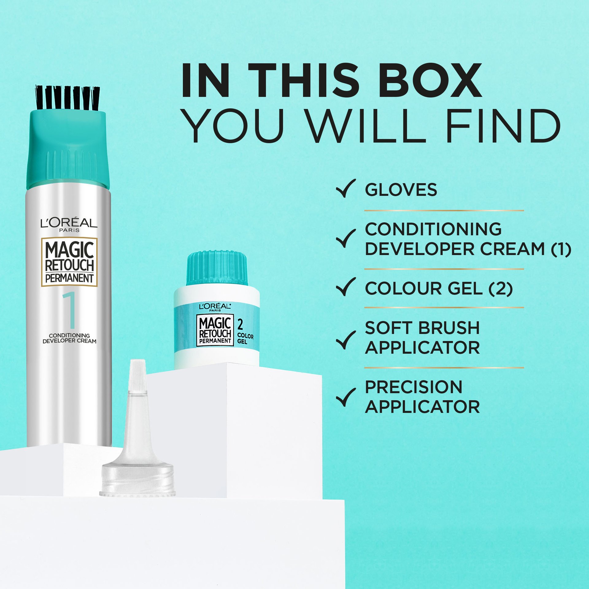 A box of Magic Root Permanent contains gloves, a developper cream, a colour gel, a soft brush applicator, a precision applicator